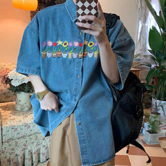plants embroidery denim shirt boogzel clothing