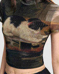 playful kitten print y2k top boogzel clothing
