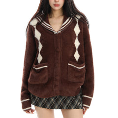 preppy plush argyle cardigan boogzel clothing