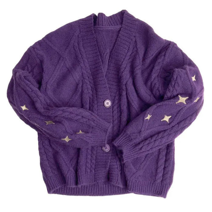 purple cardigan with star embroidery on sleeves - boogzel clothing