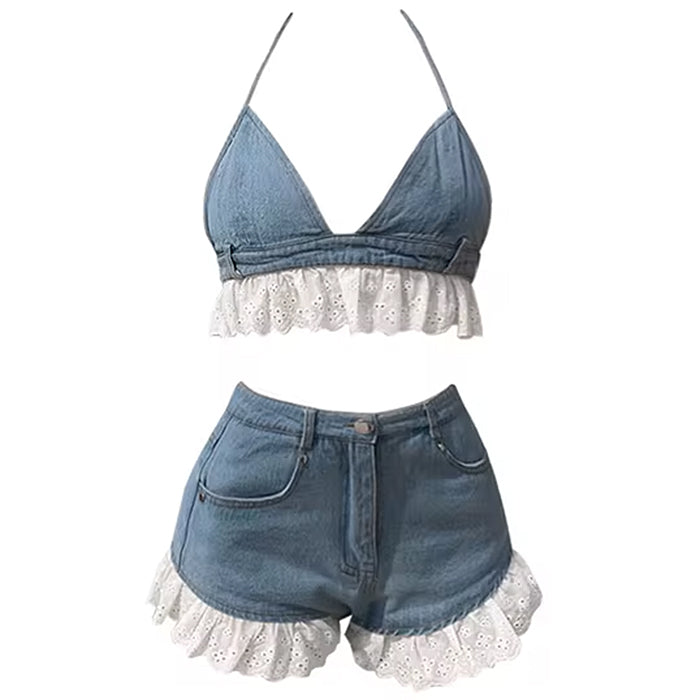 ruffle bra top denim shorts co-ord boogzel clothing