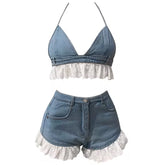 ruffle bra top denim shorts co-ord boogzel clothing