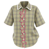 sage green plaid flower trim shirt boogzel clothing