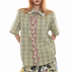 sage green plaid flower trim shirt boogzel clothing