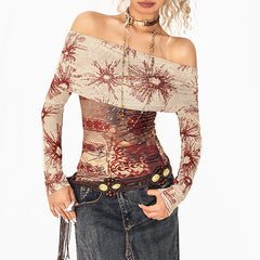 sun print mesh off shoulder top boogzel clothing