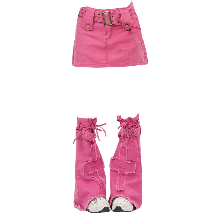 Pink Y2K Denim Mini Skirt & Leg Warmers Set - Aesthetic Outfits - Boogzel Clothing