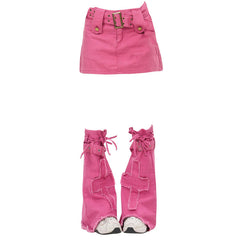 Pink Y2K Denim Mini Skirt & Leg Warmers Set - Aesthetic Outfits - Boogzel Clothing