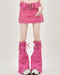 Pink Y2K Denim Mini Skirt & Leg Warmers Set - Aesthetic Outfits - Boogzel Clothing