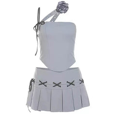 y2k asymmetrical top and pleated mini skirt set boogzel clothing