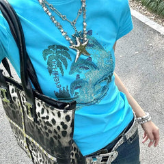 y2k dolphin rhinestone baby tee boogzel clothing