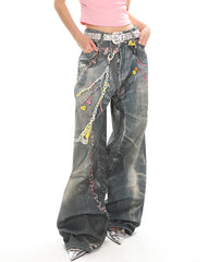 y2k printed chain and charm baggy jeans boogzel clothing