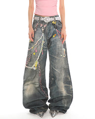 y2k printed chain and charm baggy jeans boogzel clothing