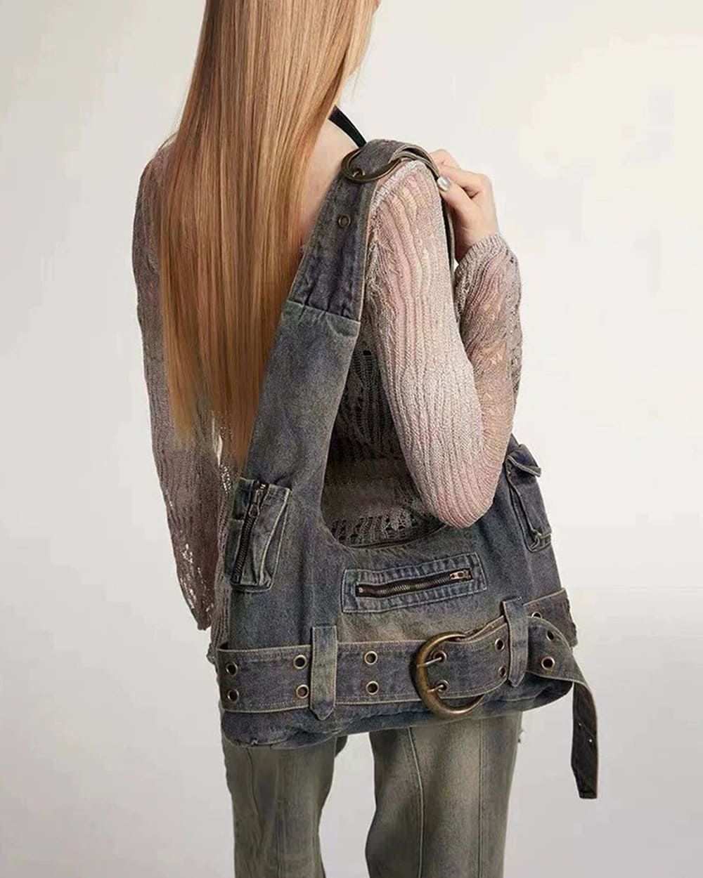 2000s denim buckle shoulder bag boogzel clothing