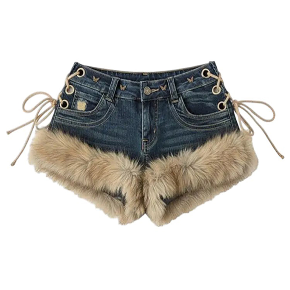 2000s fur trim denim shorts boogzel clothing
