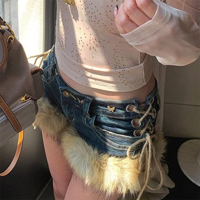 2000s fur trim denim shorts boogzel clothing