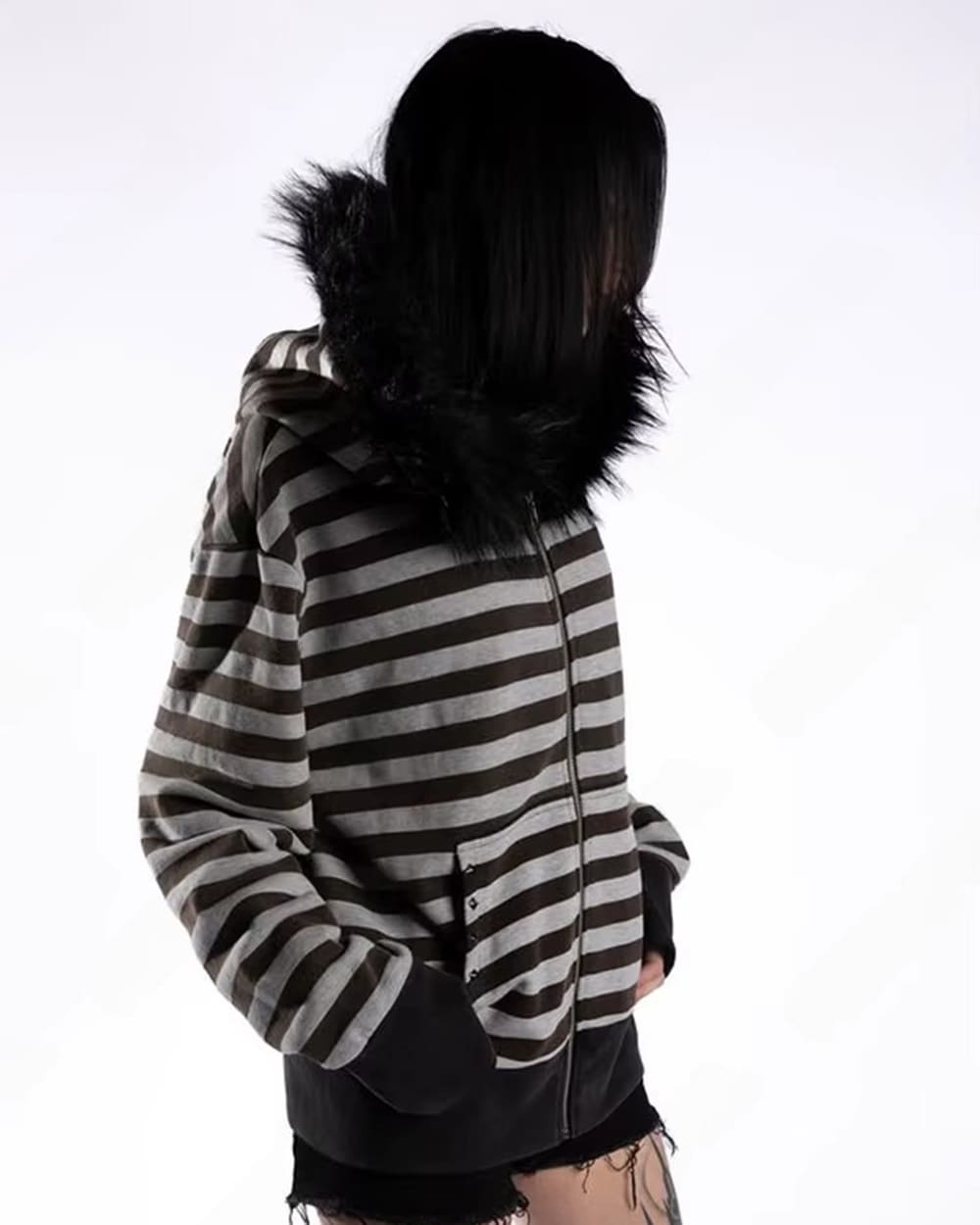 2000s striped faux fur zip up hoodie boogzel clothing