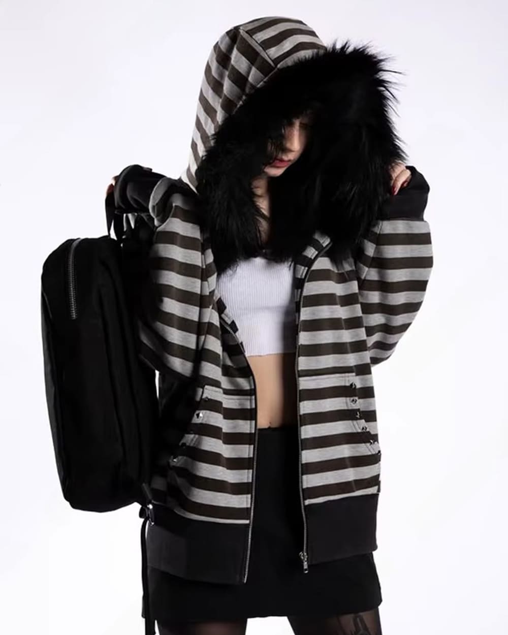 2000s striped faux fur zip up hoodie boogzel clothing