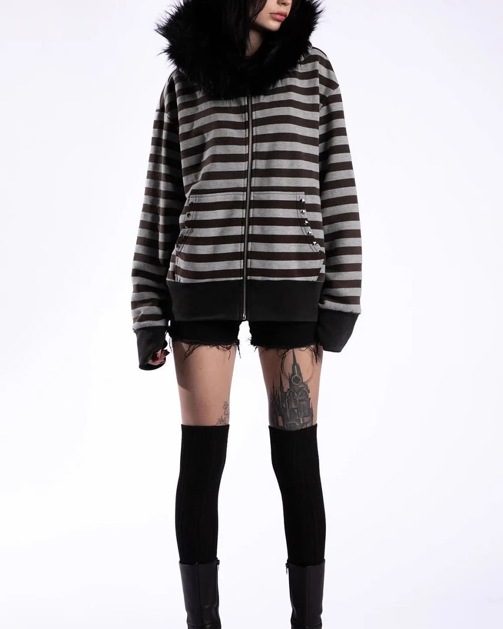 2000s striped faux fur zip up hoodie boogzel clothing