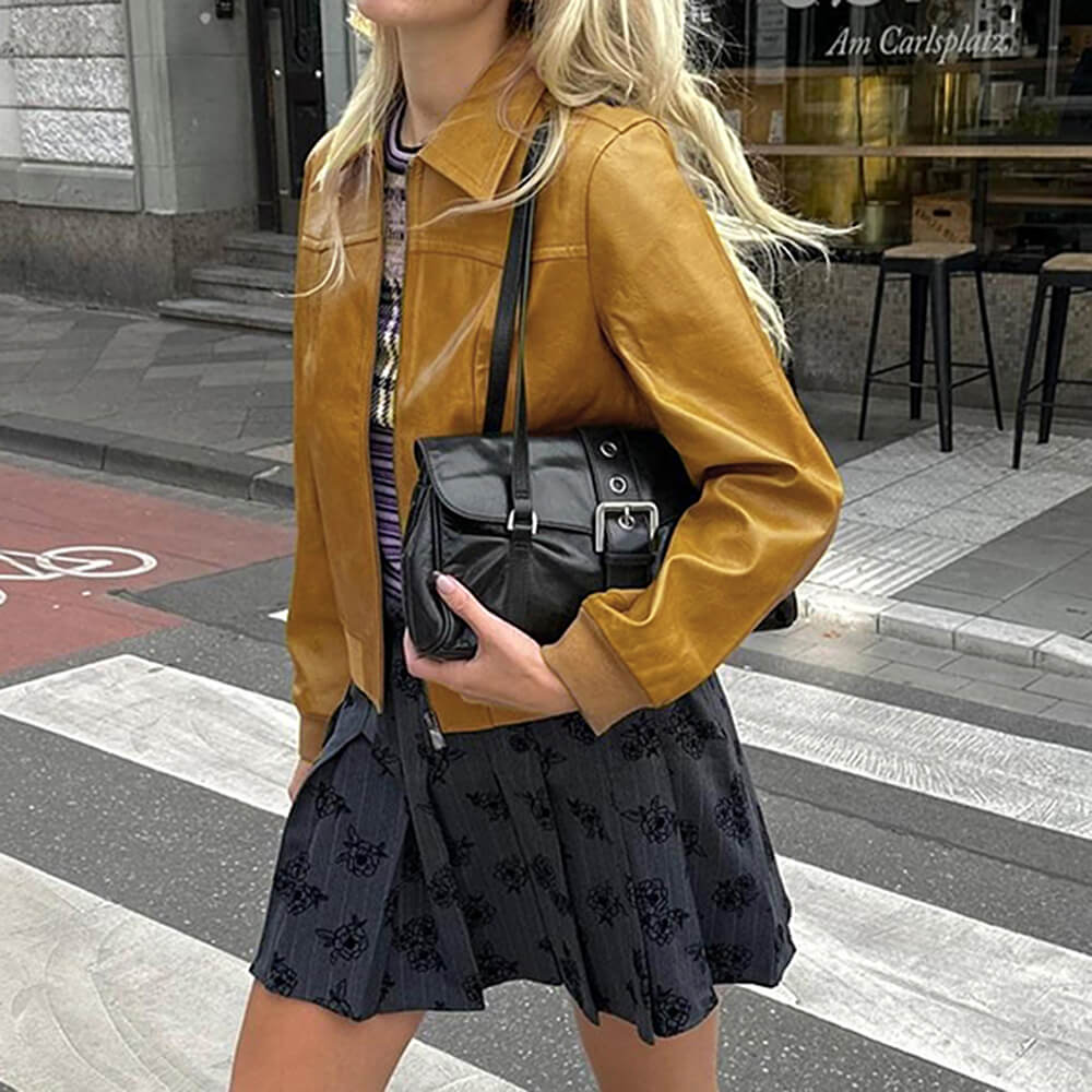 90s mustard leather jacket boogzel clothing