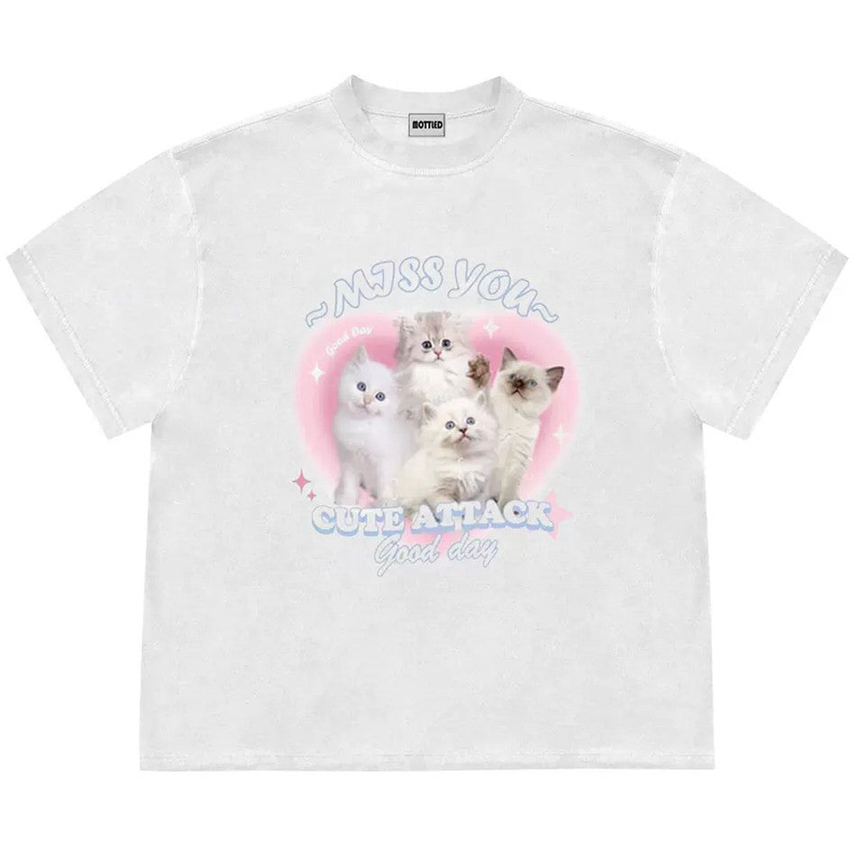 Aesthetic t shirt with a sweet graphic of fluffy kittens and the text Miss You Cute Attack, Good Day  boogzel