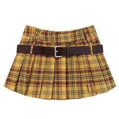A stylish yellow preppy plaid pleated mini skirt featuring a high-waist design and loops for two belts. The skirt has a classic checkered pattern with a pleated structure, perfect for school outfits