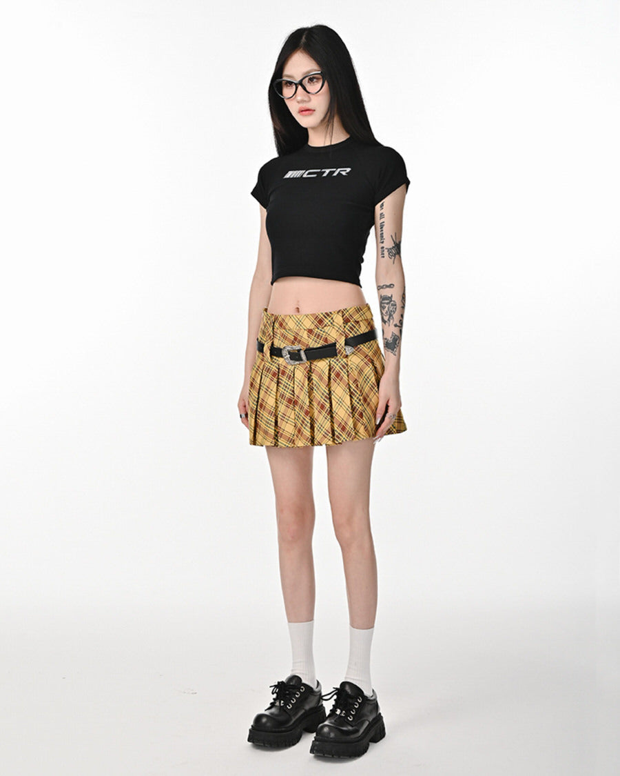 A stylish yellow preppy plaid pleated mini skirt featuring a high-waist design and loops for two belts. The skirt has a classic checkered pattern with a pleated structure, perfect for school outfits
