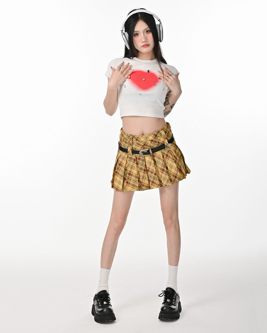 A stylish yellow preppy plaid pleated mini skirt featuring a high-waist design and loops for two belts. The skirt has a classic checkered pattern with a pleated structure, perfect for school outfits