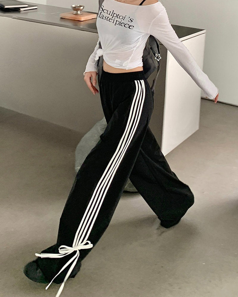 Bow Tie Side Stripe Pants - coquette bowside stripe pants - boogzel clothing