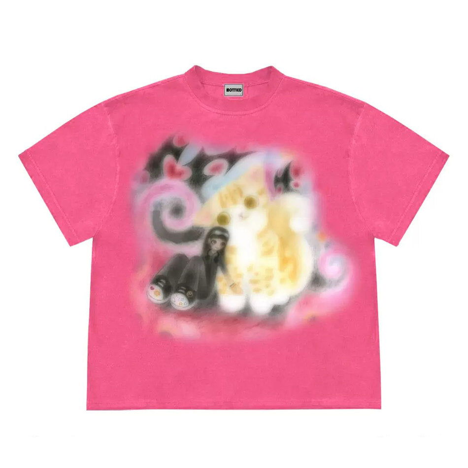 Graphic t-shirt with a dreamy, soft-focus graphic featuring a whimsical cat and abstract pastel designs - boogzel clothing