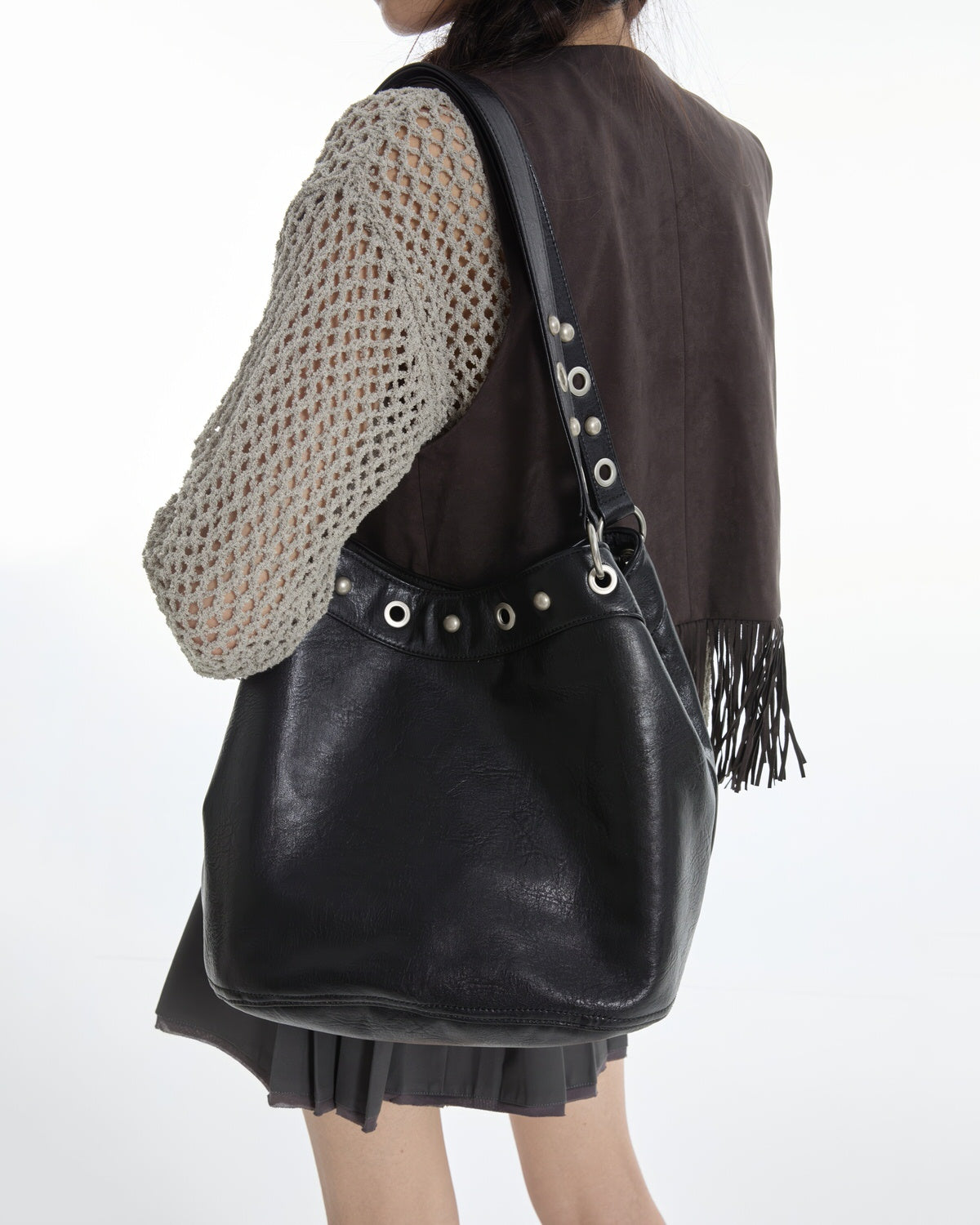 Grommet-Stud-Black-Shoulder-Bag