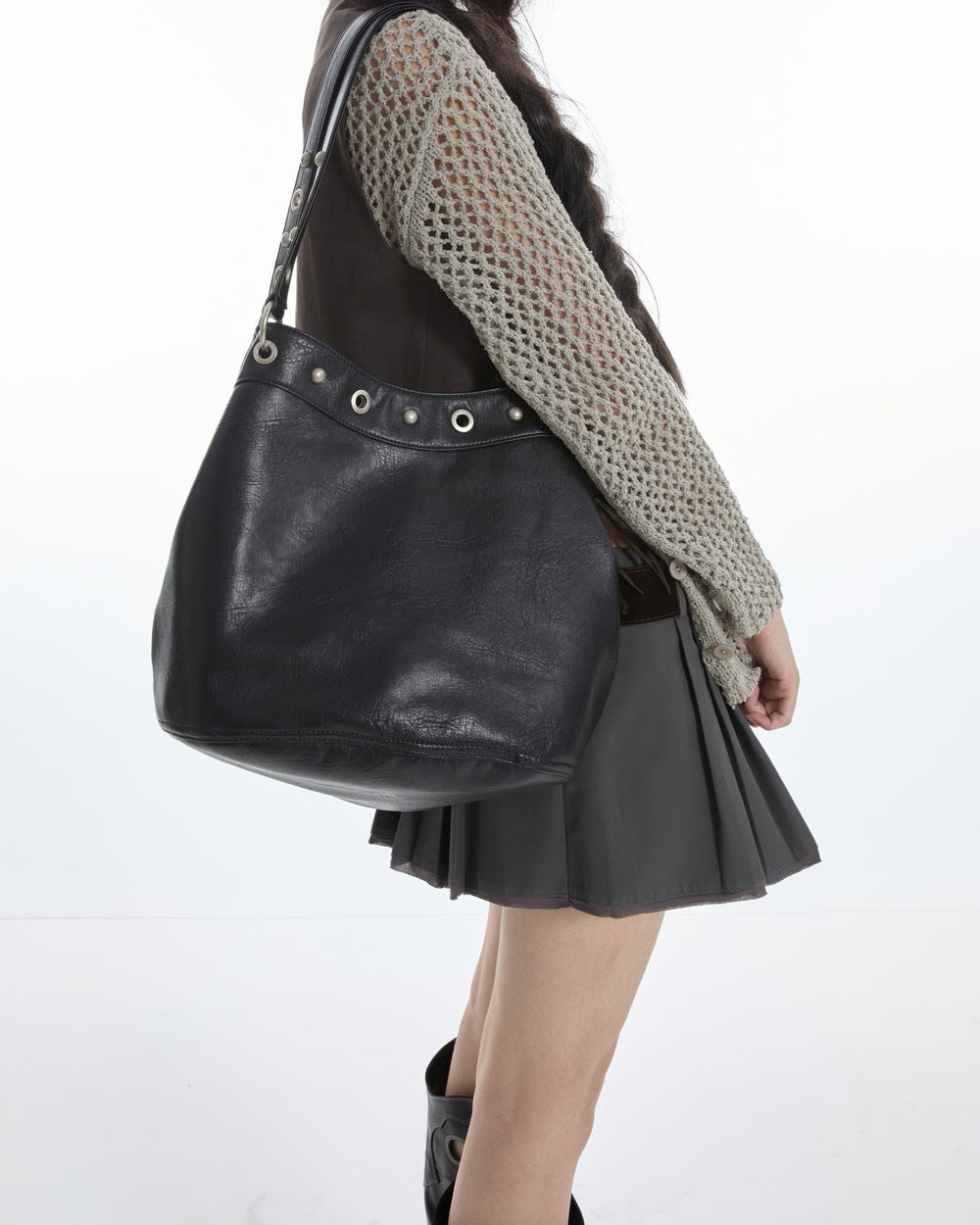 Grommet-Stud-Black-Shoulder-Bag