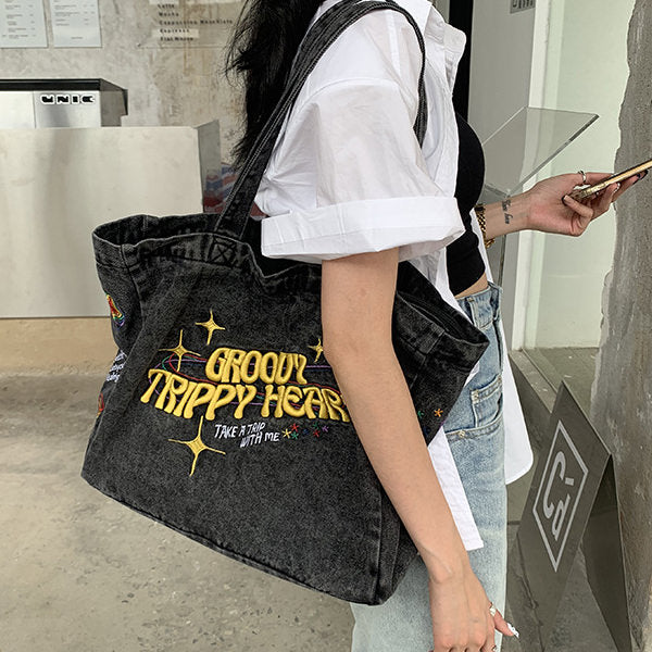 groovy trippy heart denim bag boogzel apparel