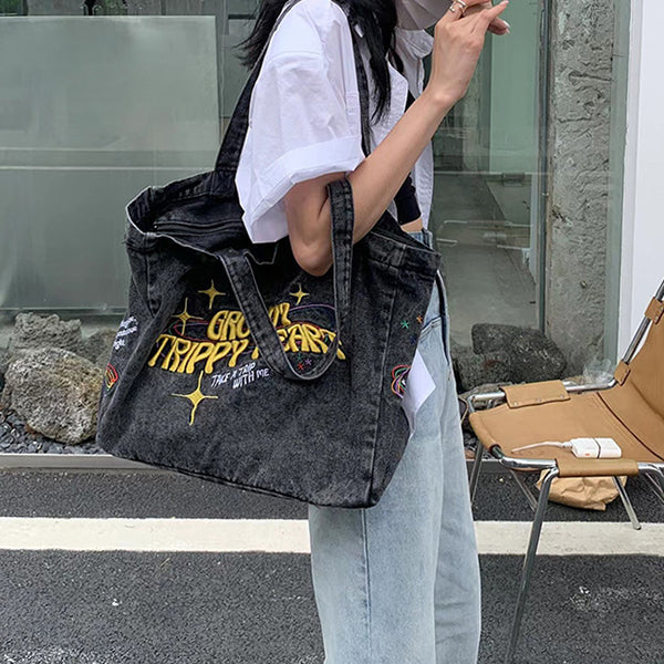 groovy trippy heart denim bag boogzel apparel