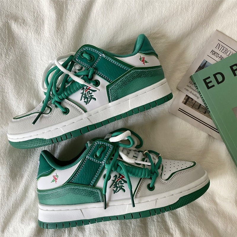 Hieroglyph Embroidery Green Aesthetic Sneakers