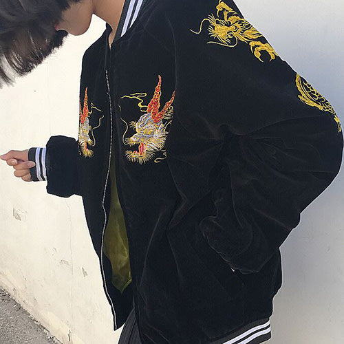 black embroidered Japanese Dragon Bomber Jacket boogzel apparel