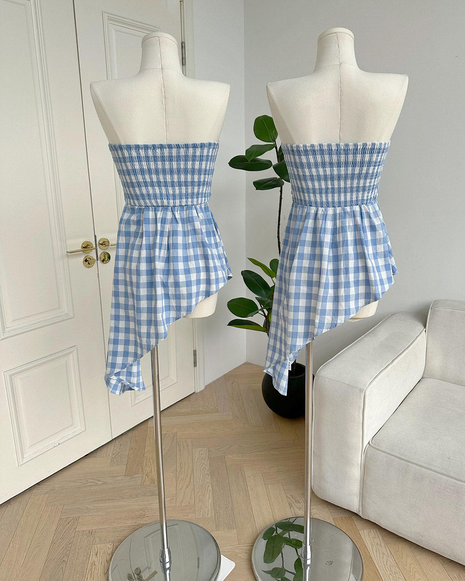 Baby Blue Plaid Off Shoulder Shirt - blue shirt boogzel clothing