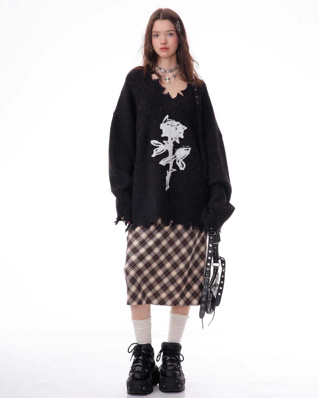 This Grunge Aesthetic black Sweater features a distressed black knit with a bold rose print and frayed hem details - boogzel clothing
