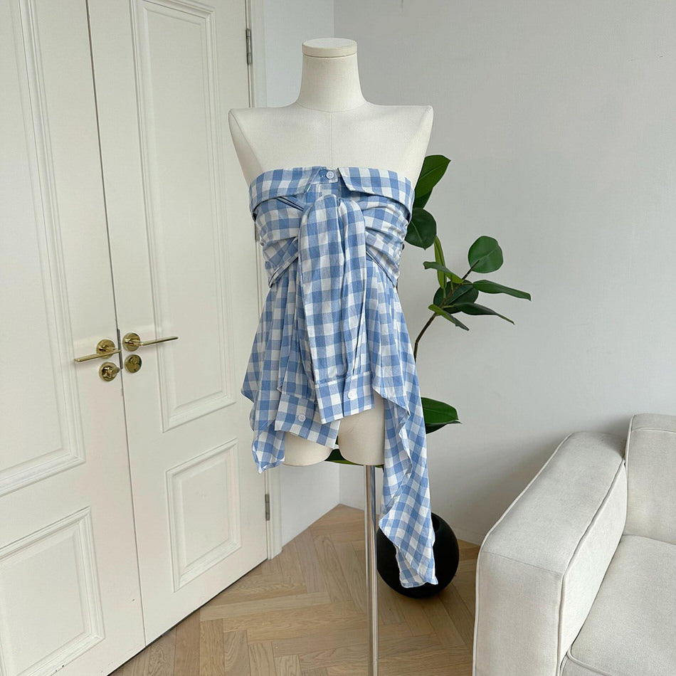Baby Blue Plaid Off Shoulder Shirt - blue shirt boogzel clothing