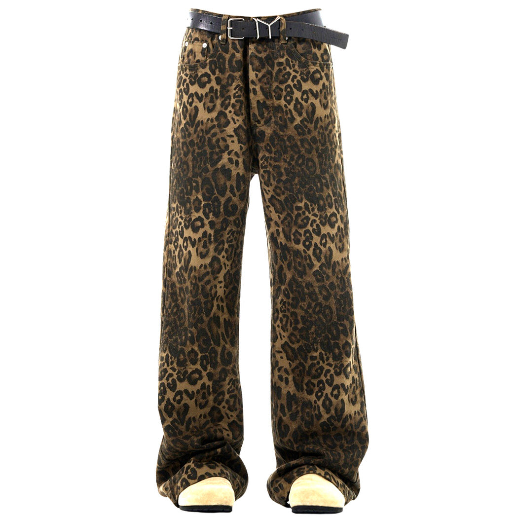 These baggy leopard print jeans feature a high-rise waist and oversized fit. Ideal for adding a wild touch to your aesthetic outfits - boogzel clothing