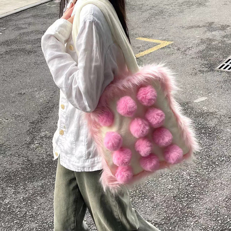 soft girl aesthetic Fluffy Pom Poms Bag in Pink boogzel clothing