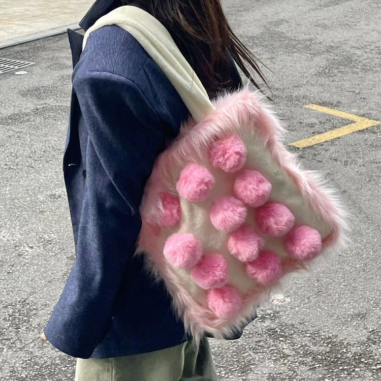soft girl aesthetic Fluffy Pom Poms Bag in Pink boogzel clothing