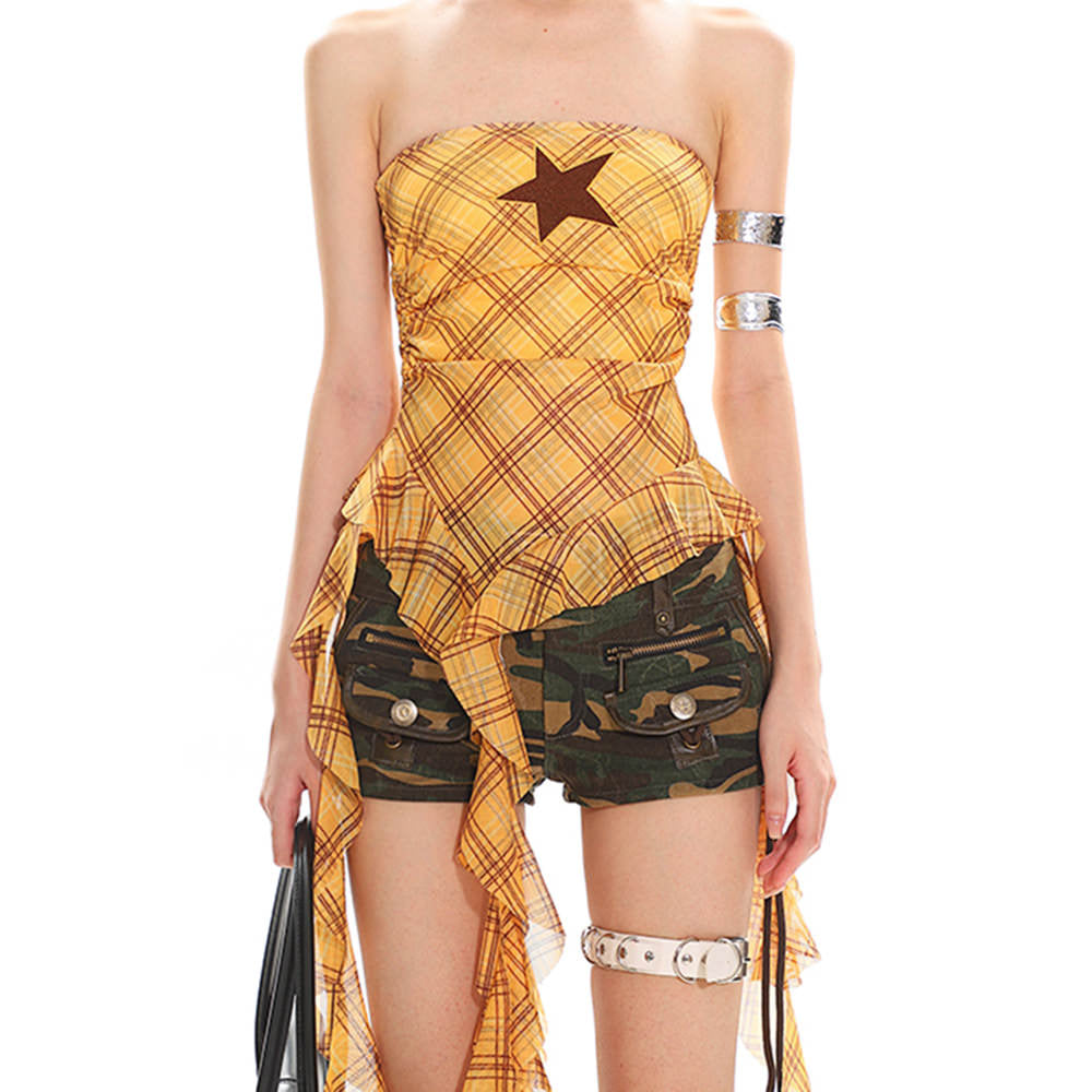 Y2K star plaid asymmetric tube top boogzel clothing