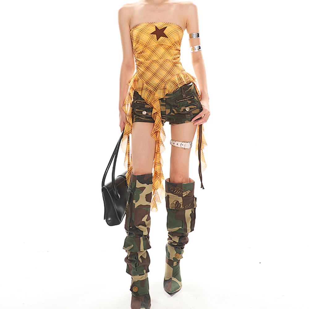 Y2K star plaid asymmetric tube top boogzel clothing