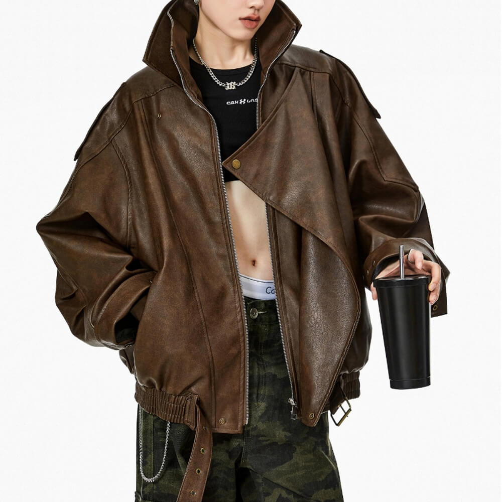 brown oversized leather bomber jacket boogzel clothing