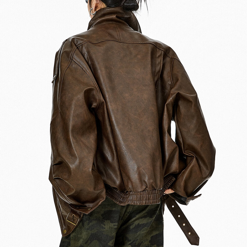 brown oversized leather jacket boogzel clothing