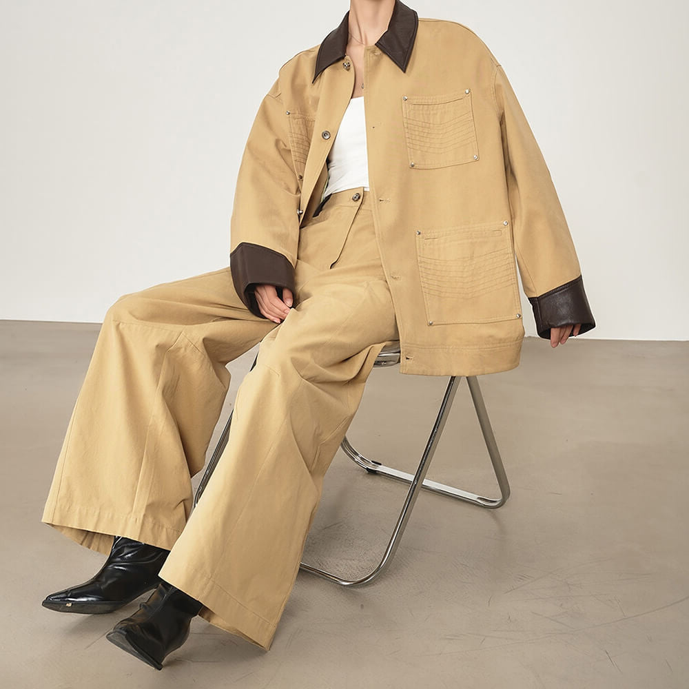 aesthetic beige denim pants and jacket set boogzel clothing