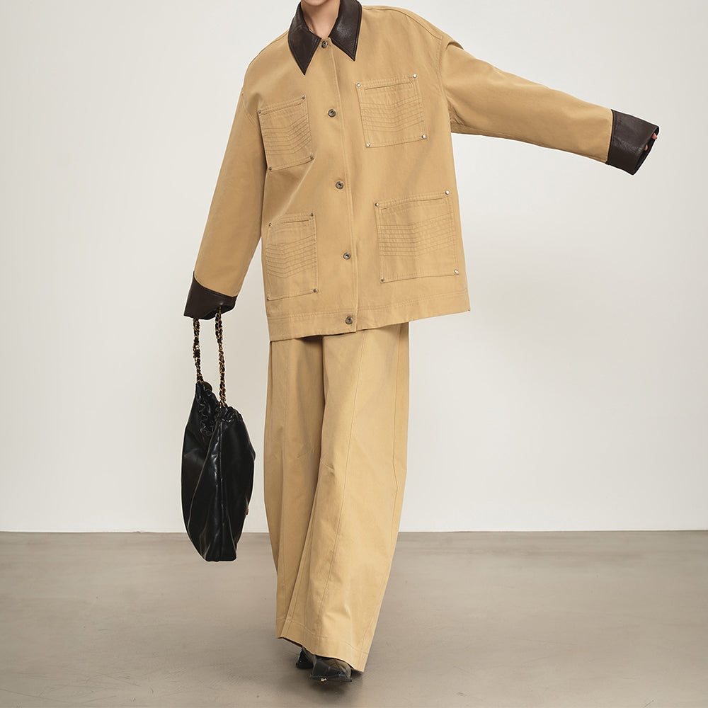 aesthetic beige denim pants and jacket set boogzel clothing