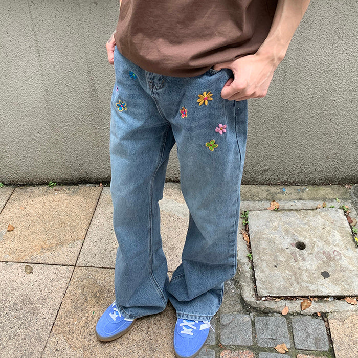 aesthetic flower embroidery jeans boogzel clothing