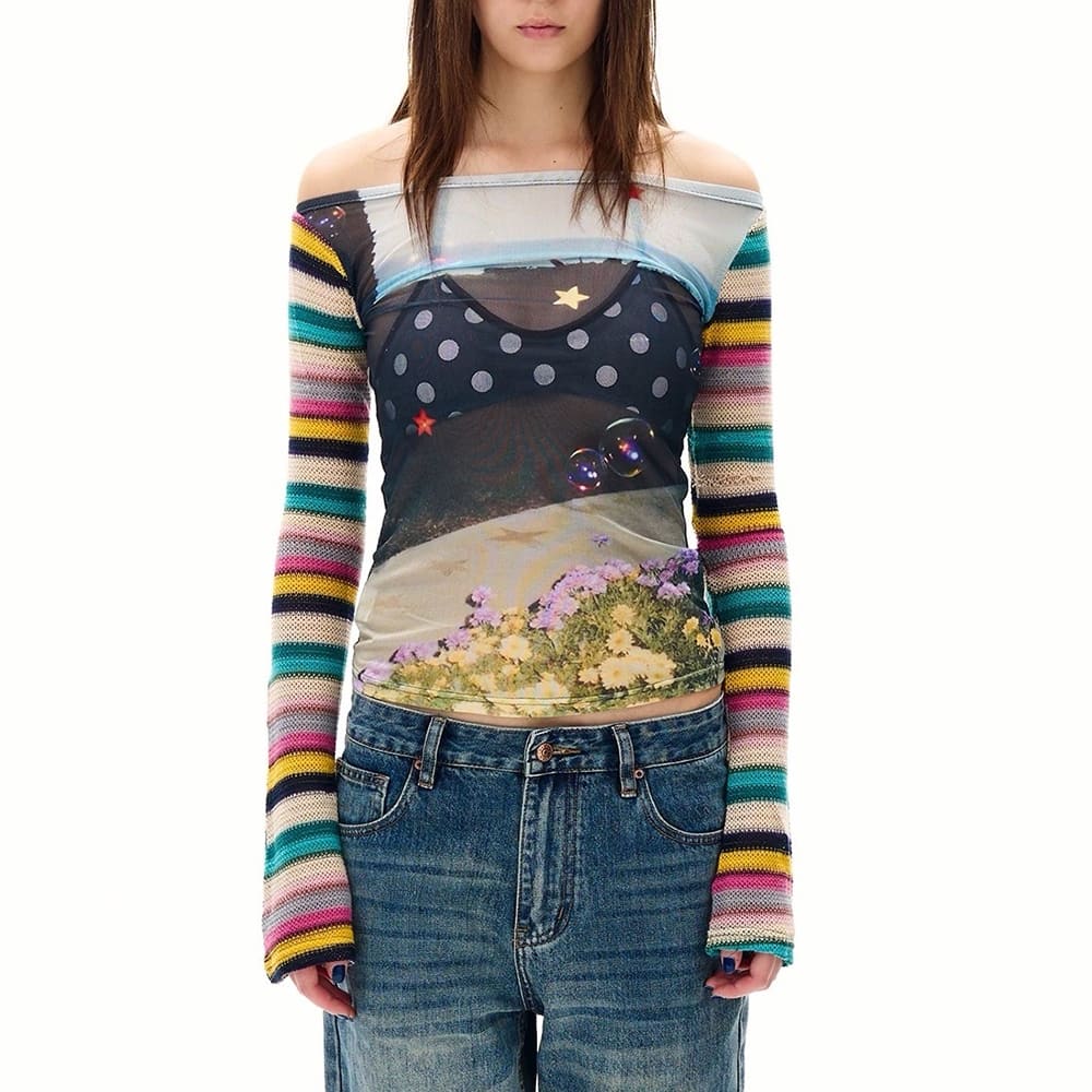 aesthetic stripe sleeve mesh top boogzel clothing