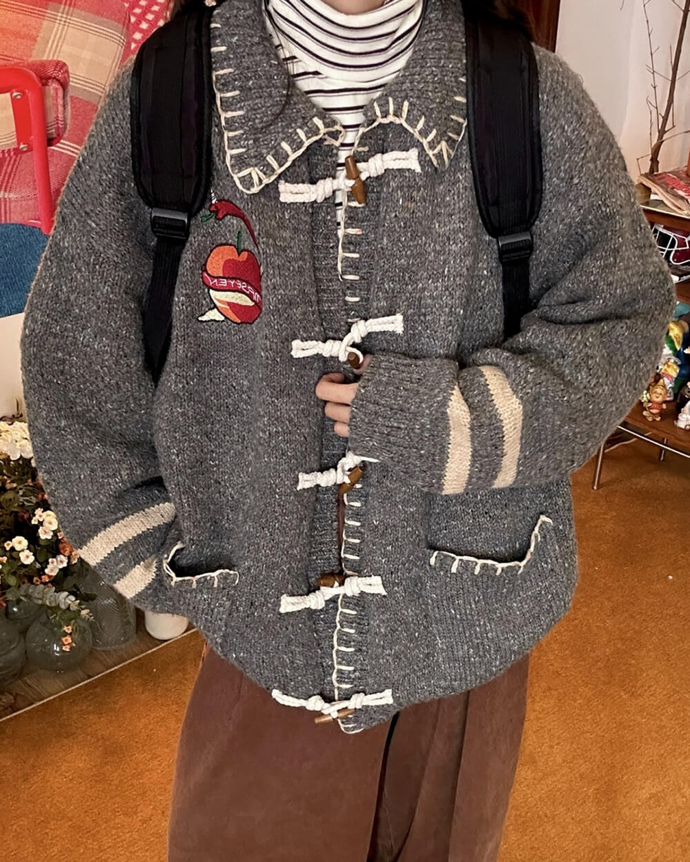 apple embroidery grey cardigan boogzel clothing